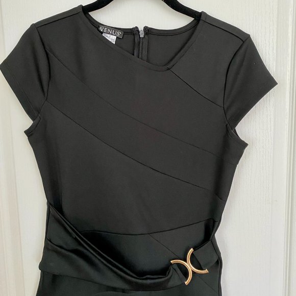 Venus Black Cap Sleeve Sheath Dress with Gold Buckle Detail Size S - Picture 2 of 12